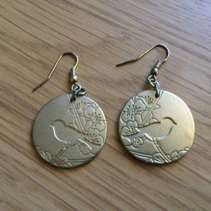 Gold Tone Birds Spring Round Drop Earrings